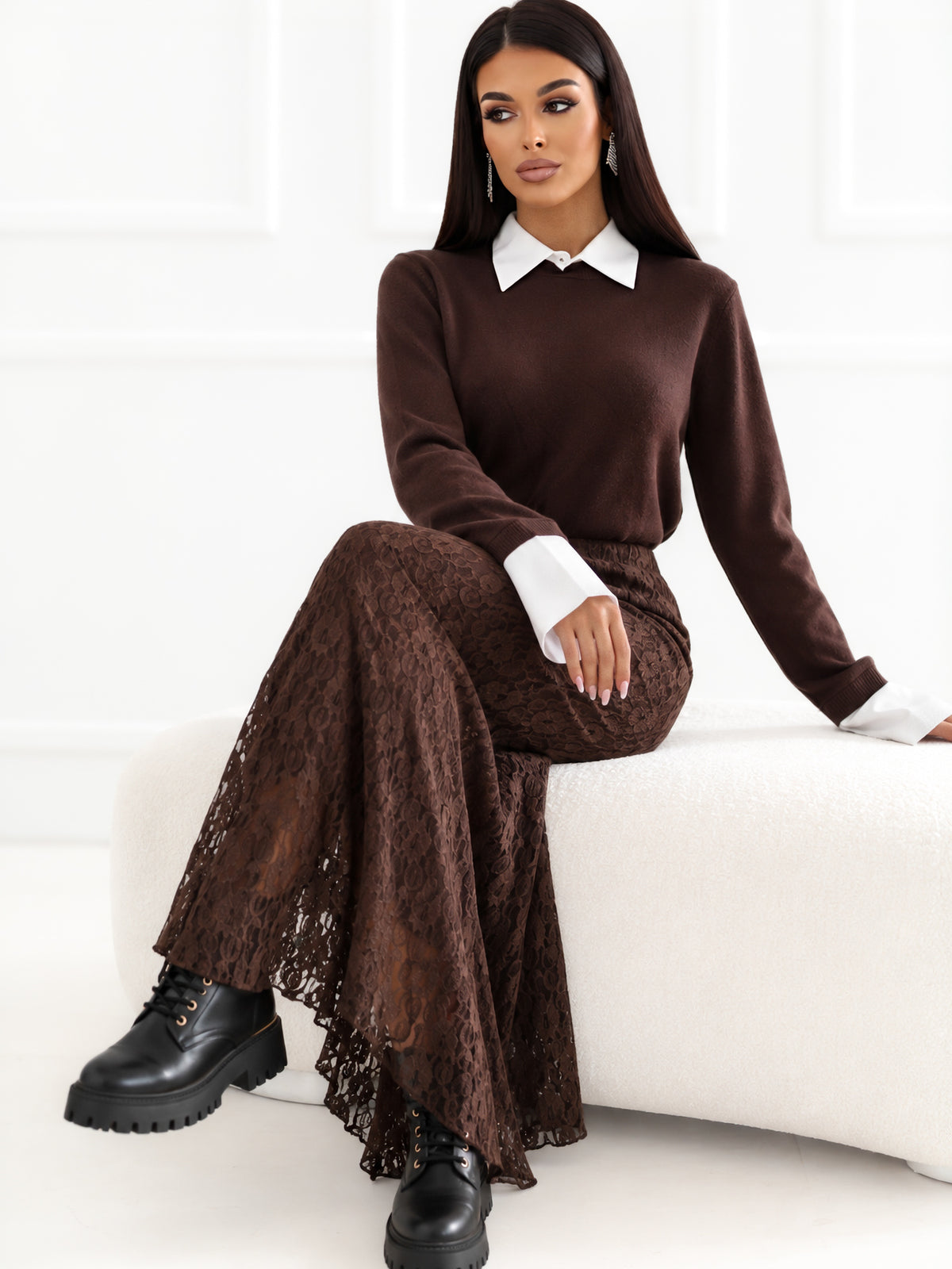 Brązowy sweter 2w1 z kołnierzykiem typu polo