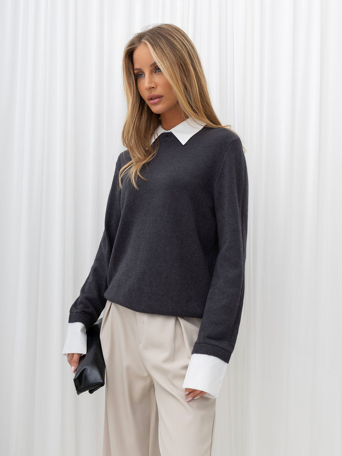 Grafitowy sweter 2w1 z kołnierzykiem typu polo