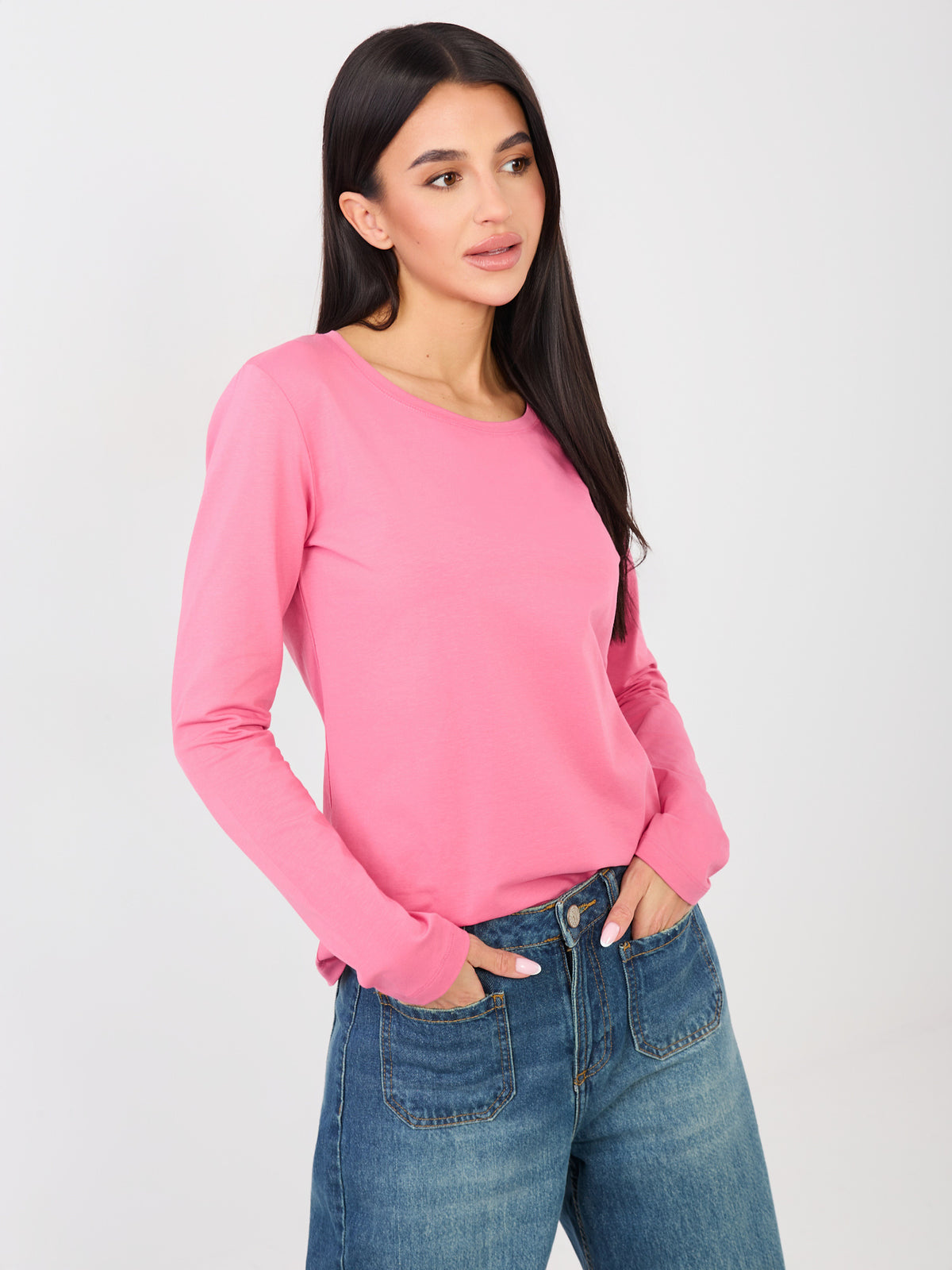 Różowy longsleeve basic z okrągłym dekoltem