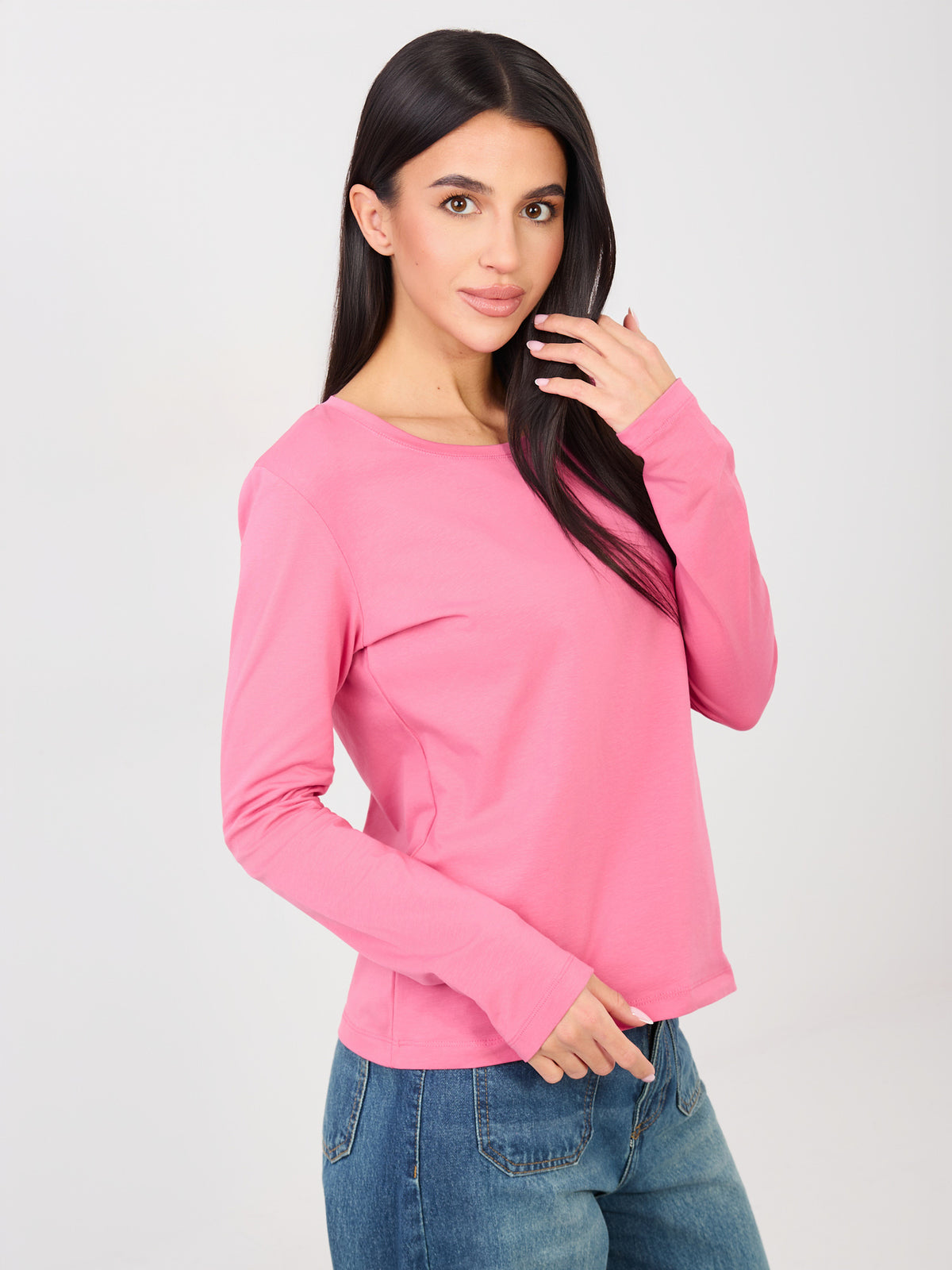 Różowy longsleeve basic z okrągłym dekoltem
